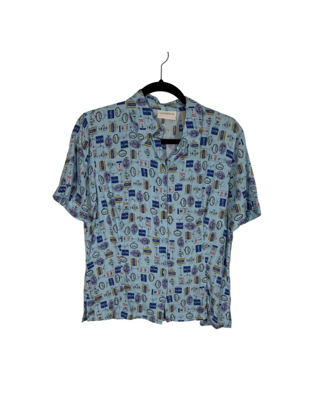Liz Claiborne Women Sz 6 Blue Travel Stamp Pattern Short Sleeve Button Up Blouse